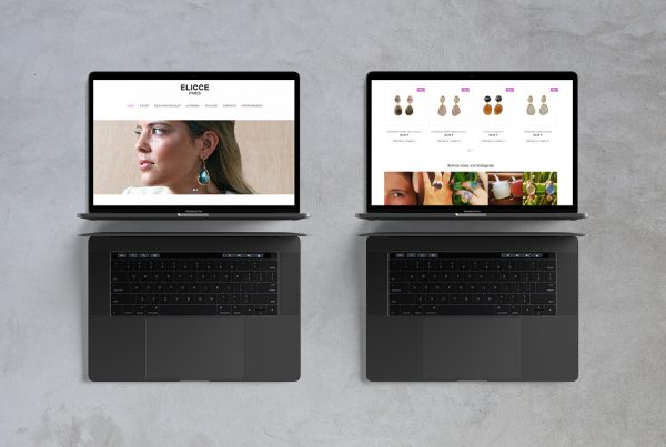 Fotografía de dos ordenadores enseñando sitio web de complementos como pendientes, anillos, etc