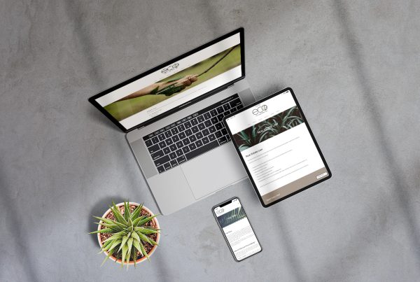 Laptop junto a una tablet sobre fondo gris, y junto a una planta enseñando el sitio web de abogados